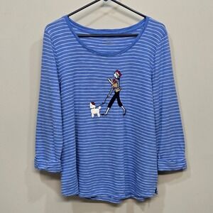 Talbots Striped Shirt Top Large Blue Poodle Parisian French Girl Nautical Preppy